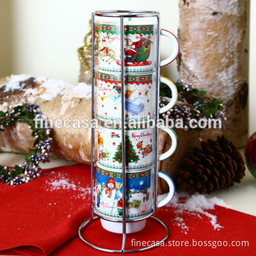 8OZ White Porcelain Christmas Stackable Mug Gift set